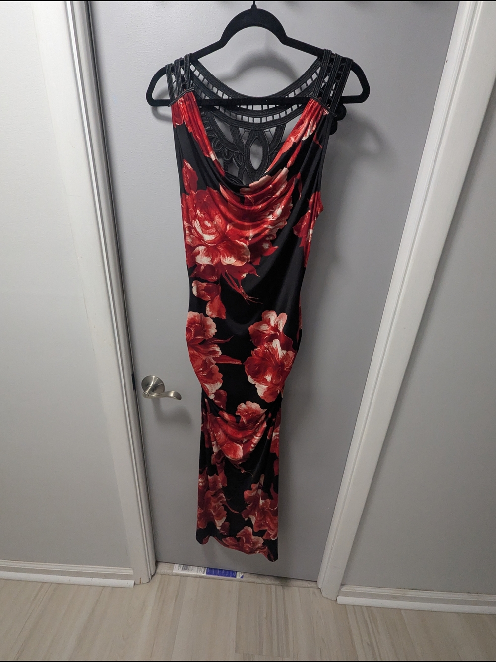 VENUS Black Maxi Dress with Red Floral Print and Crochet Yoke
